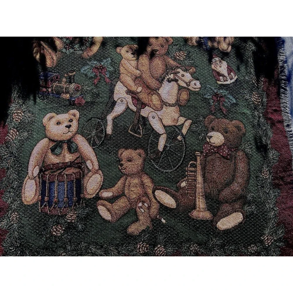 Vintage 1990s Woven Teddy Bear Throw Blanket Jacquard Fringe 52x57 Cottage Core
